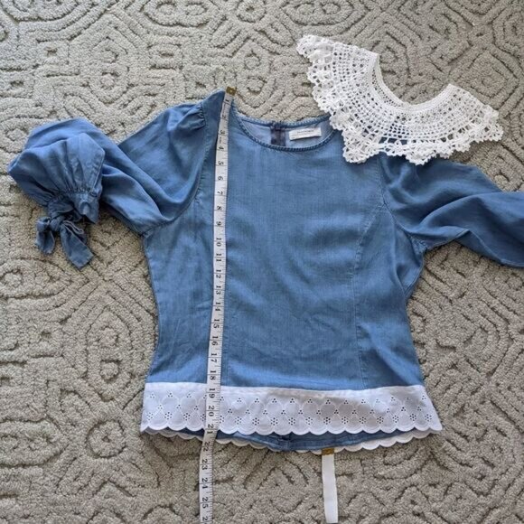 ZARA reworked denim blouse detachable crochet collar and lace edge Small @L - Picture 7 of 10